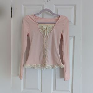 Pastel Pink And Yellow Long Sleeve Top with Lace Trim